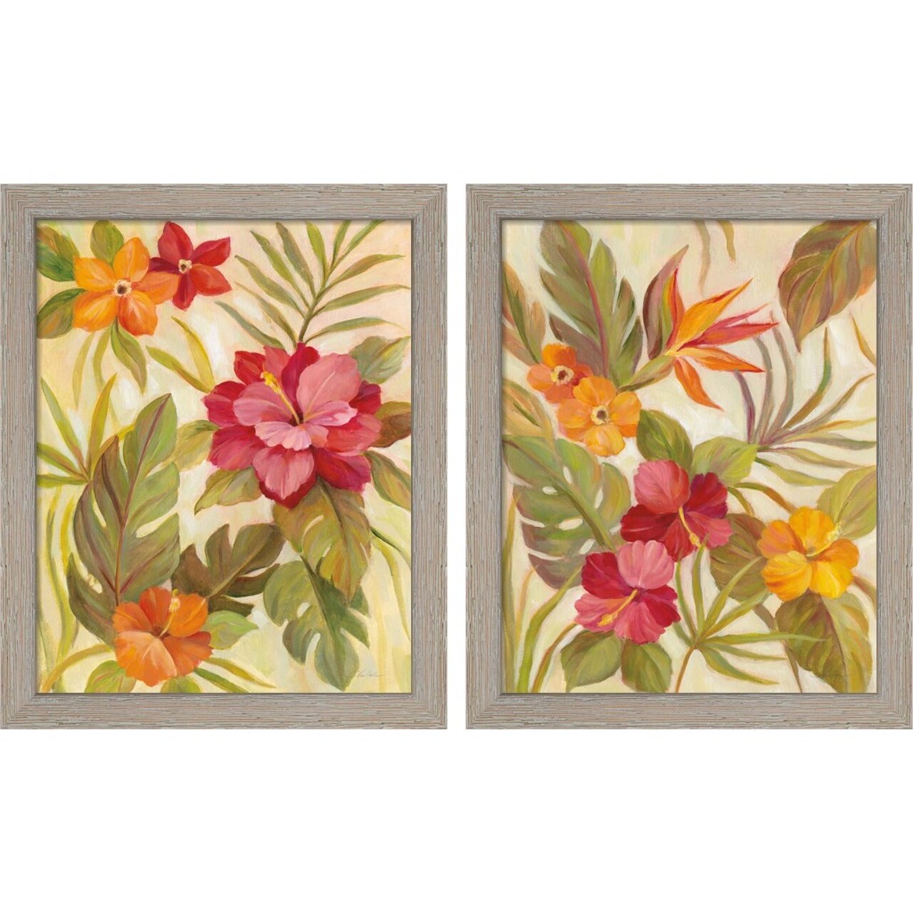Coral Tropical Floral by Silvia Vassileva, 2 Piece Rustic White Framed Art Set